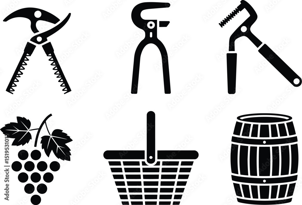 Poster black and white vector illustration of wine making tools and grape related objects in a flat design 