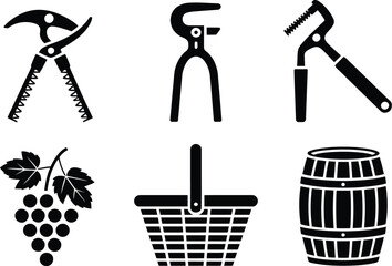 Obraz premium Black and white vector illustration of wine making tools and grape related objects in a flat design style