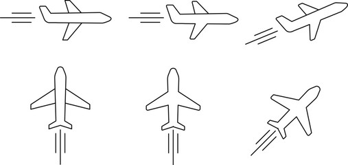 Flying airplane outline icons. Outline version of flying airplane icons with speed lines. Perfect for infographics, air travel apps, and transportation symbols. Vector EPS 10