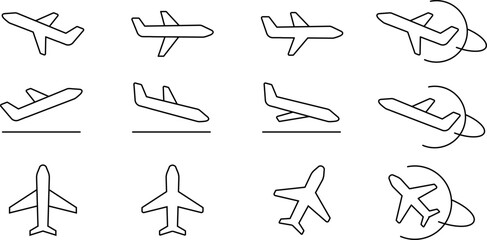 Plane Icons with Orbit Lines. Vector outline airplane icons with curved orbit lines, symbolizing international travel, flights, and global connections. Vector EPS 10