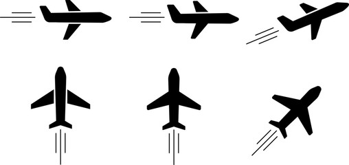 Flying airplane icons. Vector icons of flying airplanes with motion lines in different directions and angles. Vector EPS 10