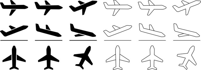 Airplane icons set. Collection of airplane icons in solid and outline style including takeoff, landing, and top views. Perfect for travel apps, signs, and infographics