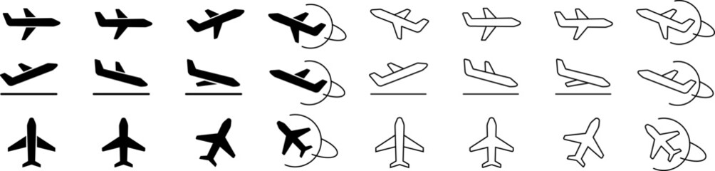 Plane Icons with Orbit Lines. Vector airplane icons with curved orbit lines, symbolizing international travel, flights, and global connections. Vector EPS 10