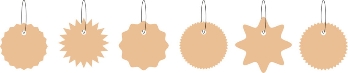 Set of beige hanging labels in various starburst and rounded shapes. Ideal for pricing, packaging, and product branding design. Vector EPS 10