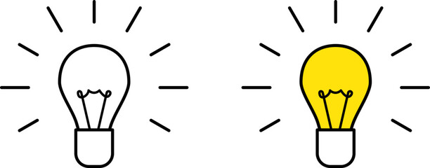 Two vector icons of light bulbs – one outlined and one filled with yellow color. Represents ideas, innovation, and creativity. Vector EPS 10