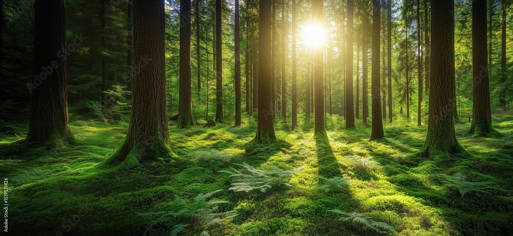 Poster sunlight filtering through tall trees in lush green forest with ferns and moss