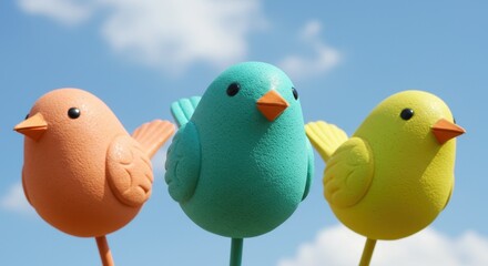 Cute colorful cartoon birds (peach, teal, yellow) set against sunny blue sky and clouds