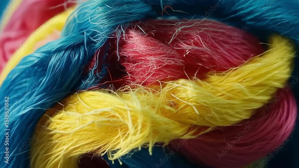 Poster close-up of colorful rope with yellow, blue and red strands creating vibrant pattern.