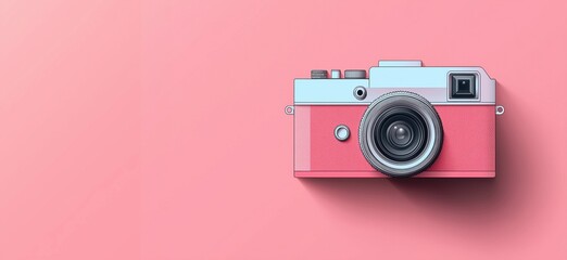 Fototapeta premium Stylish pink camera on pastel background with modern design and vintage appeal