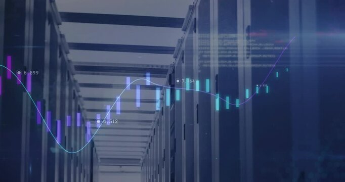 At start candlestick bars appearing over server racks, line graph pulsing to visualize data trends - Powered by Adobe
