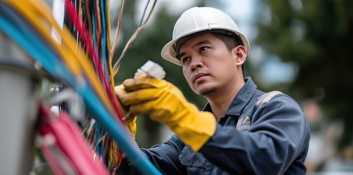 Technician in hard hat and gloves works diligently on colorful wires, showcasing focus and expertise in technical environment. scene reflects professionalism and dedication