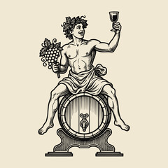 Dionysus on wine barrel engraving vector illustration

