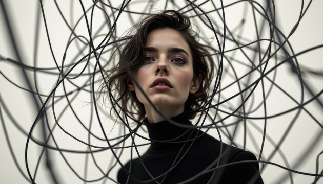 abstract portrait of a woman hidden among tangled lines creative artistic composition for fashion editorial branding and visual storytelling