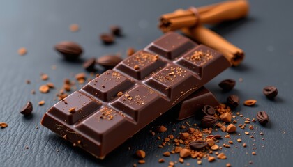 artisan dark chocolate bar with cocoa nibs and cinnamon on dark background luxury food product photography for gourmet branding concept