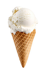 Vanilla ice cream scoop melting on crispy cone with transparent background