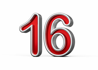 Vibrant Red Number Sixteen 16 With Metallic Gleam And Beveled Edges, 3D Illustration