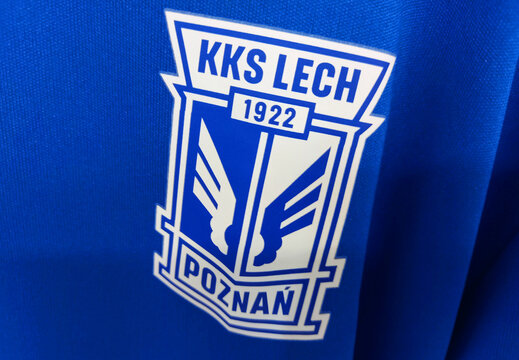 Poznan, Poland - 31 May 2025: KKS Lech badge on a shirt.