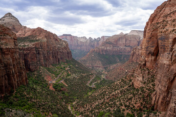 View of Zion National Park from The Zion Canyon Overlook trail, Utah, USA. 