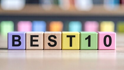 ランキング最上位10位までを意味する英語のフレーズBEST10の文字が書かれた木製のキューブブロック。 aiで生成	