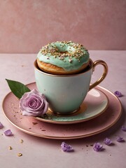 Mint green teacup on matching saucer holds doughnut with pastel green icing sprinkled with crushed pistachios. Cup, saucer have gold accents, pale pink background.