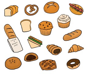 베이커리 빵 색연필 라인 핸드드로잉 아이콘(bakery bread crayon line hand drawing icon set)