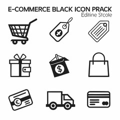 E-commerce black icon pack – cart, payment, tag,  clean stroke style for online store UI.
