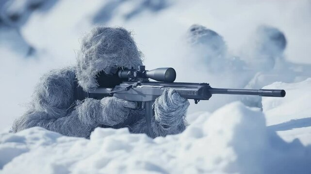 Elite snipers in ghillie suits concealed in snowy landscape, military operation
