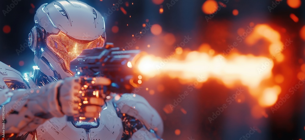 Aufkleber futuristic robot firing gun with fiery muzzle flash in high-tech environment