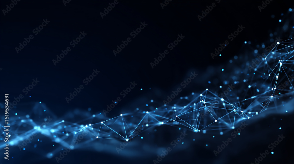 Poster blue interconnected nodes and lines form a network against a dark background