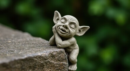 Smiling imp figurine resting on rock edge against green foliage