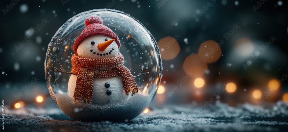 Poster Snowman in glass snow globe with festive background and soft bokeh lights
