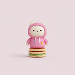 Adorable cartoon cat with pink hoodie on pancakes, surrounded by pastel floating cupcakes and stars