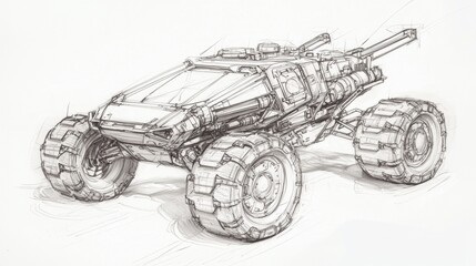 Fototapeta premium Concept drawing of an armored all-terrain vehicle featuring large wheels and a mounted turret