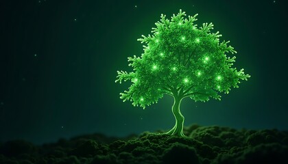Glowing Green Tree on Hill at Night