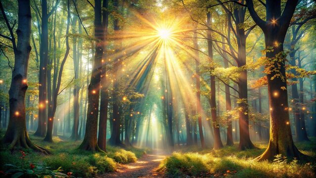 Misty morning sun lights up the path in the woods