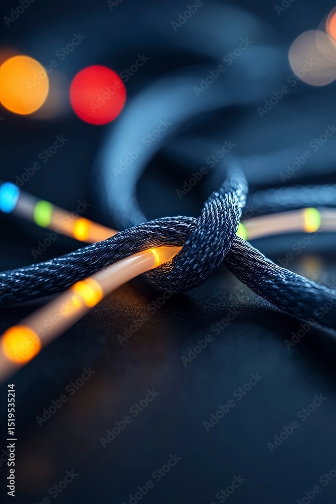 Aufkleber optical fiber with light: a close-up of a twisted optical fiber cable. the warm bokeh in the backgro