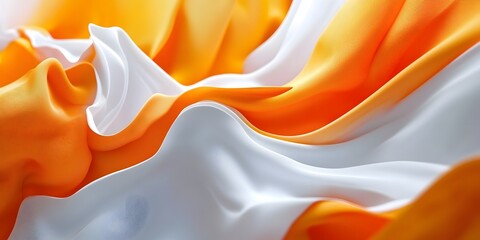 Abstract orange and white background with flowing cloth waves, creating an elegant and dynamic visual effect. The composition of the scene includes soft lighting that enhances the texture