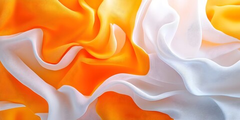 Abstract orange and white background with flowing cloth waves, creating an elegant and dynamic visual effect. The composition of the scene includes soft lighting that enhances the texture