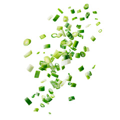 Beautiful falling chopped green onions for food design isolated on transparent background