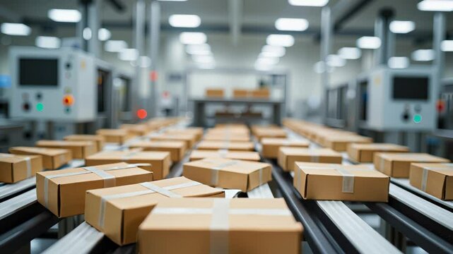 A conveyor belt with boxes on it. The boxes are brown and have tape on them. The conveyor belt is moving and the boxes are being sorted