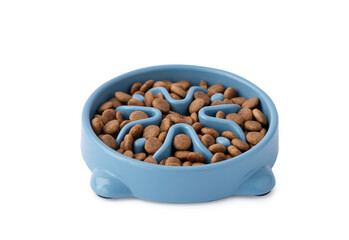 Cat and dog blue slow Feeding Bowl isolated on white background