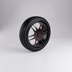 3D Render of Sport Car Wheel with Red and Black Alloy Rim on White Background