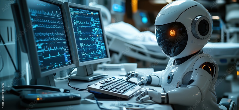 Poster robot assistant monitoring patient data in futuristic healthcare environment