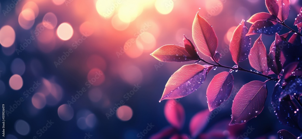 Poster vibrant leaves with dew drops illuminated by soft bokeh background