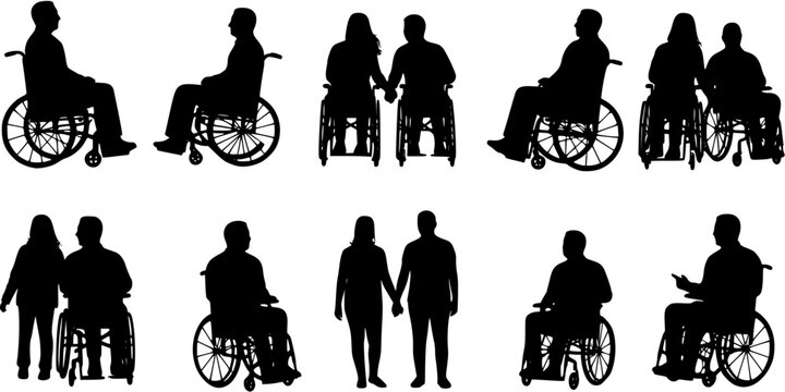 Couple in wheelchair vector silhouette set
