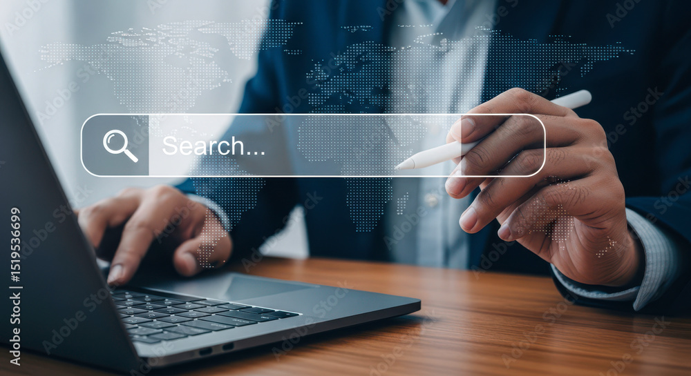 Poster searching online internet browsing data information using laptop for research work