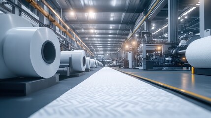 Wide shot of an industrial facility's interior, showcasing large rolls of material and a complex production line.  The floor features a patterned pathway