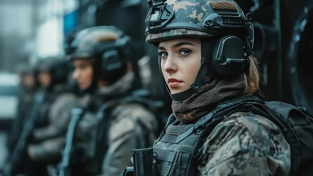 A resolute female soldier stands prepared, embodying strength and determination in service