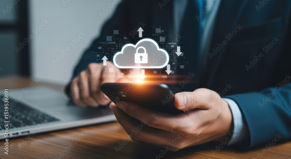Poster cloud security data storage network technology computing businessman concept idea