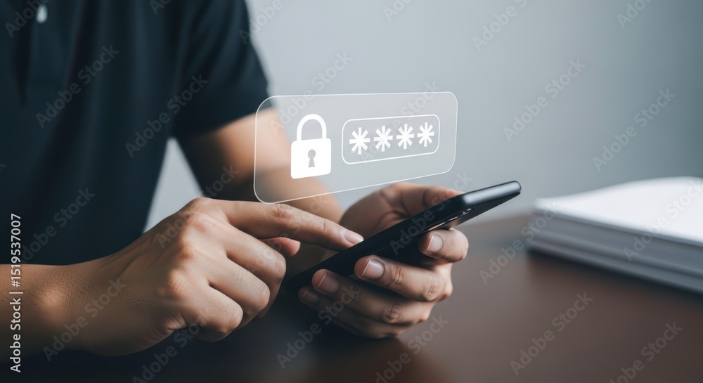Poster unlocking phone security access with password and lock icon for data protection